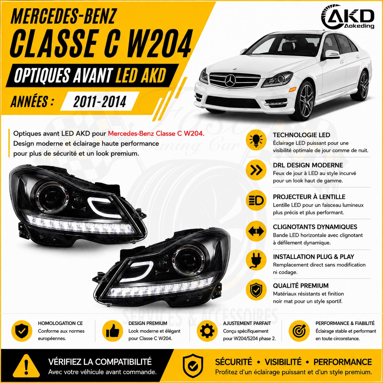 Optiques avant LED AKD Mercedes-Benz Classe C W204 2011-2014