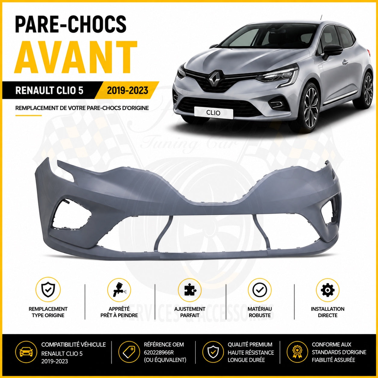 Pare-chocs avant Renault Clio 5 2019-2023 sans trous de capteurs PDC