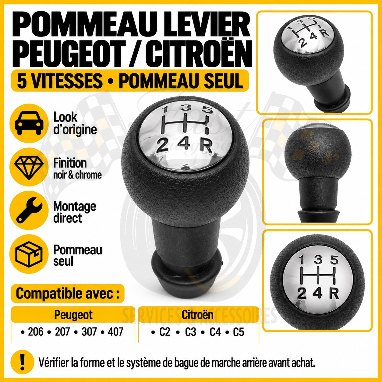 Pommeau de vitesse Peugeot Citroën 5 vitesses compatible 206 207 307 407 C2 C3 C4 C5
