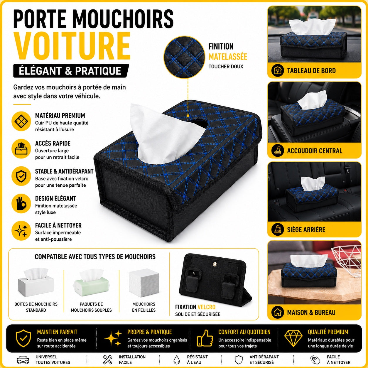 Porte-mouchoirs voiture matelassé noir et bleu