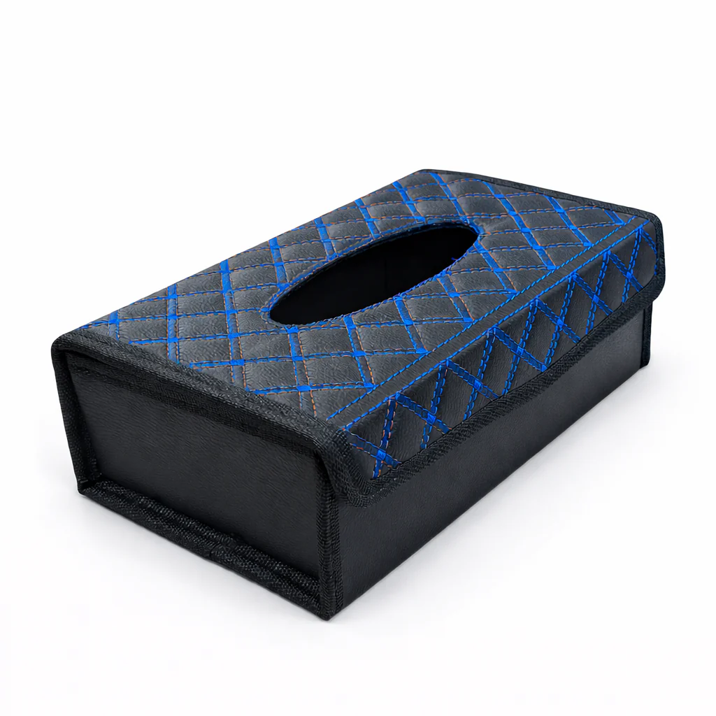 Porte-mouchoirs voiture matelassé noir et bleu vue en angle