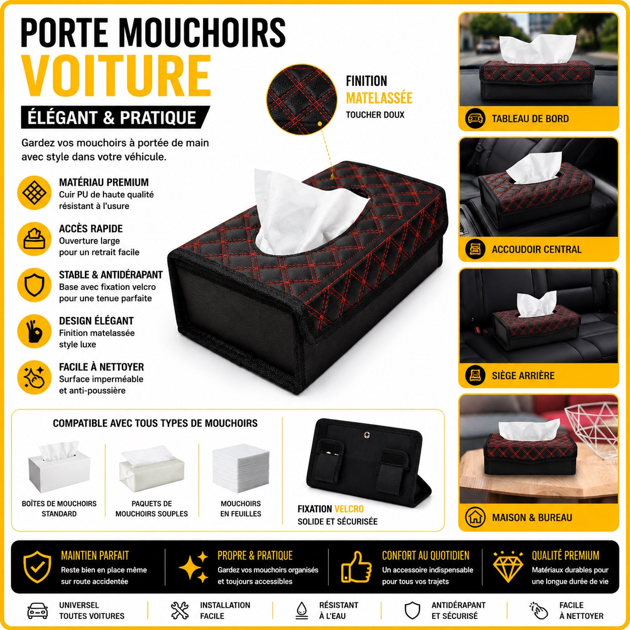 Porte-mouchoirs voiture matelassé noir et rouge