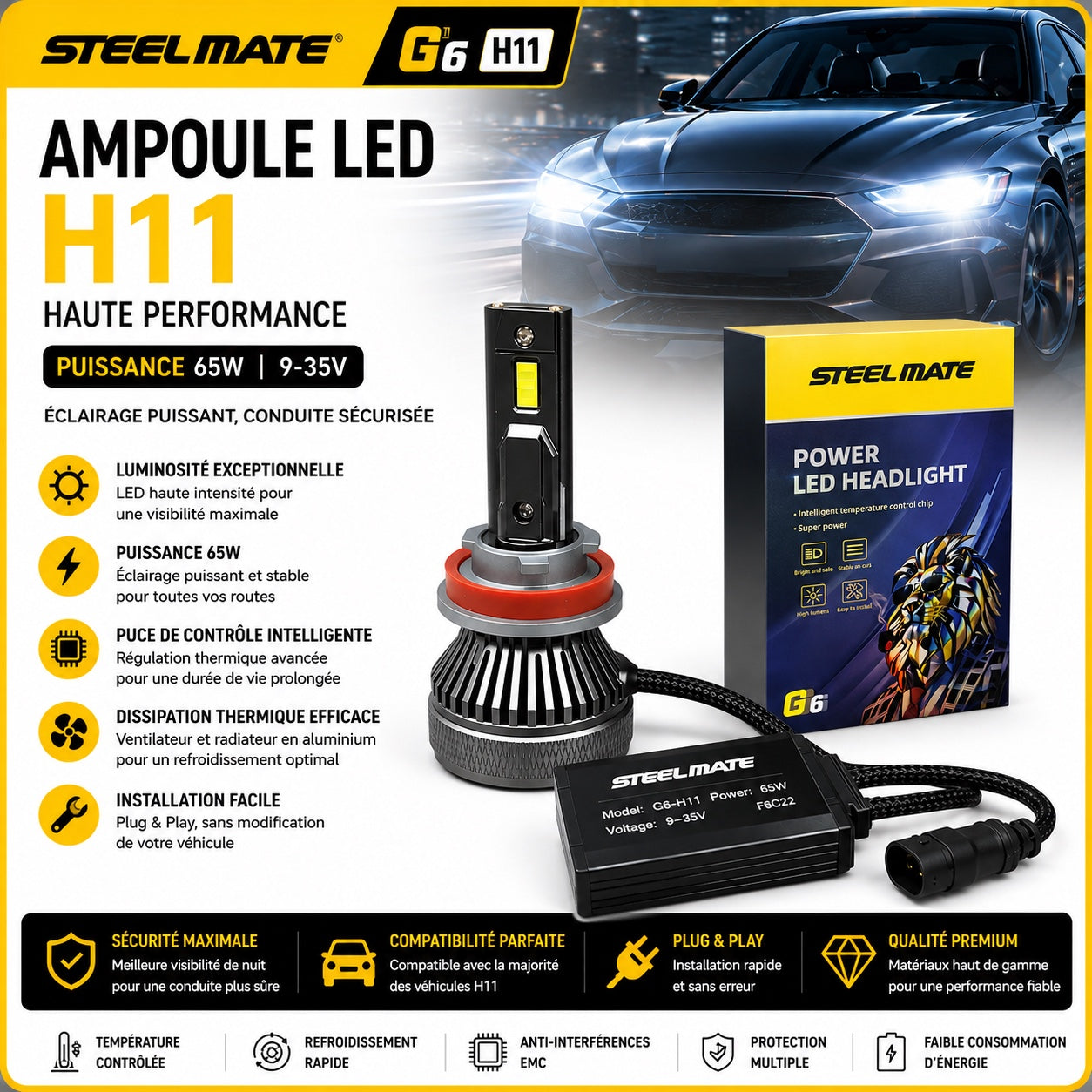 Kit ampoules LED Steelmate G6 H11 65W