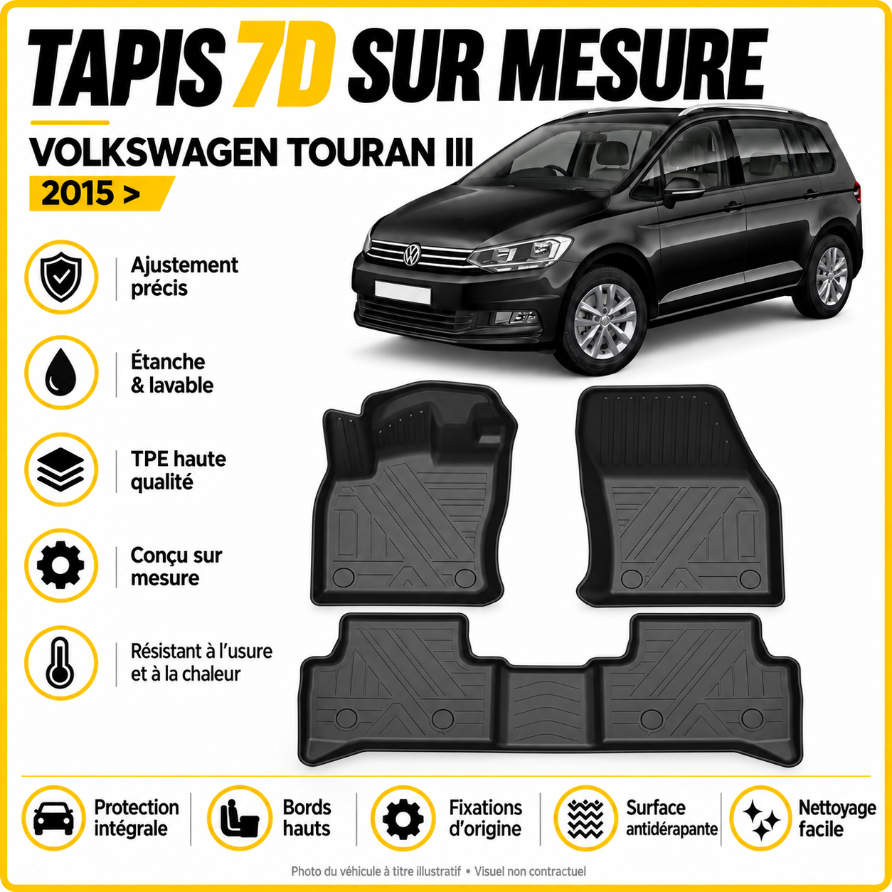 Tapis 7D sur mesure Volkswagen Touran III 2015 >