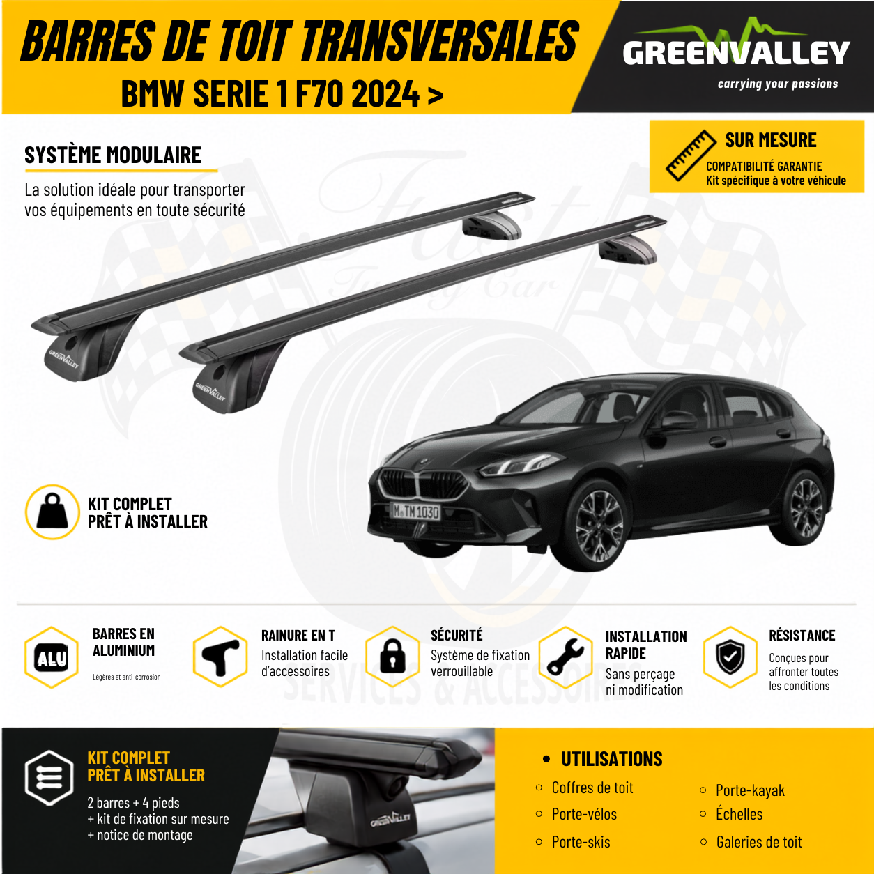 Barres de toit transversales Green Valley noir pour Bmw Serie 1 F70 2024 >