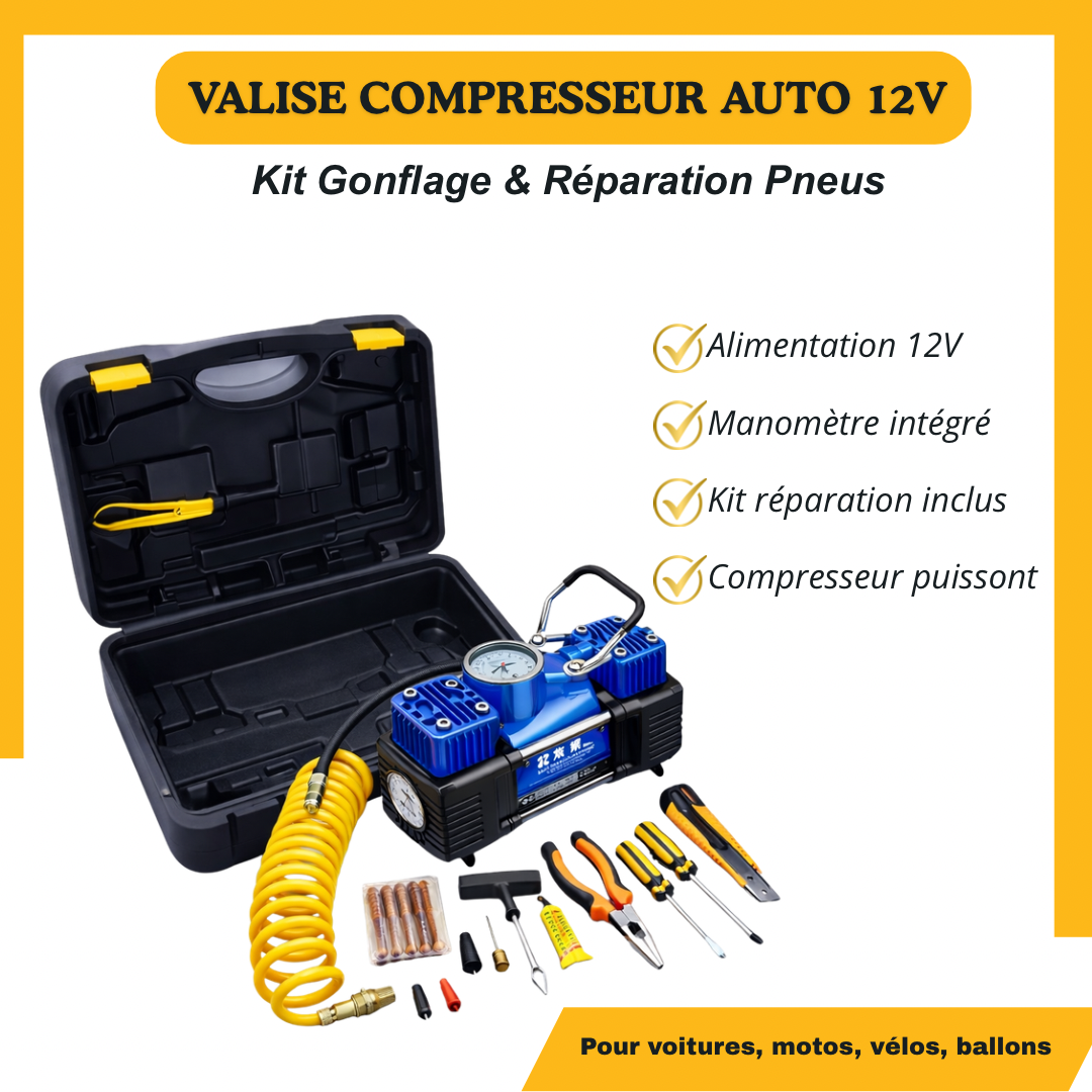 Valise Compresseur Auto 12V – Kit Gonflage & Réparation Pneus Complet