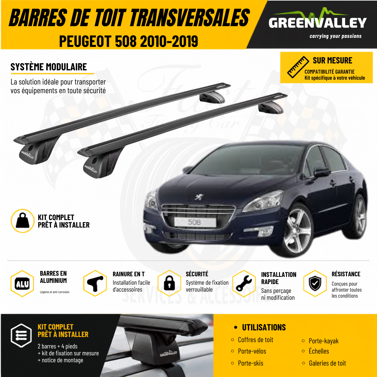 Barres de toit transversales Green Valley noir pour Peugeot 508 2010-2019