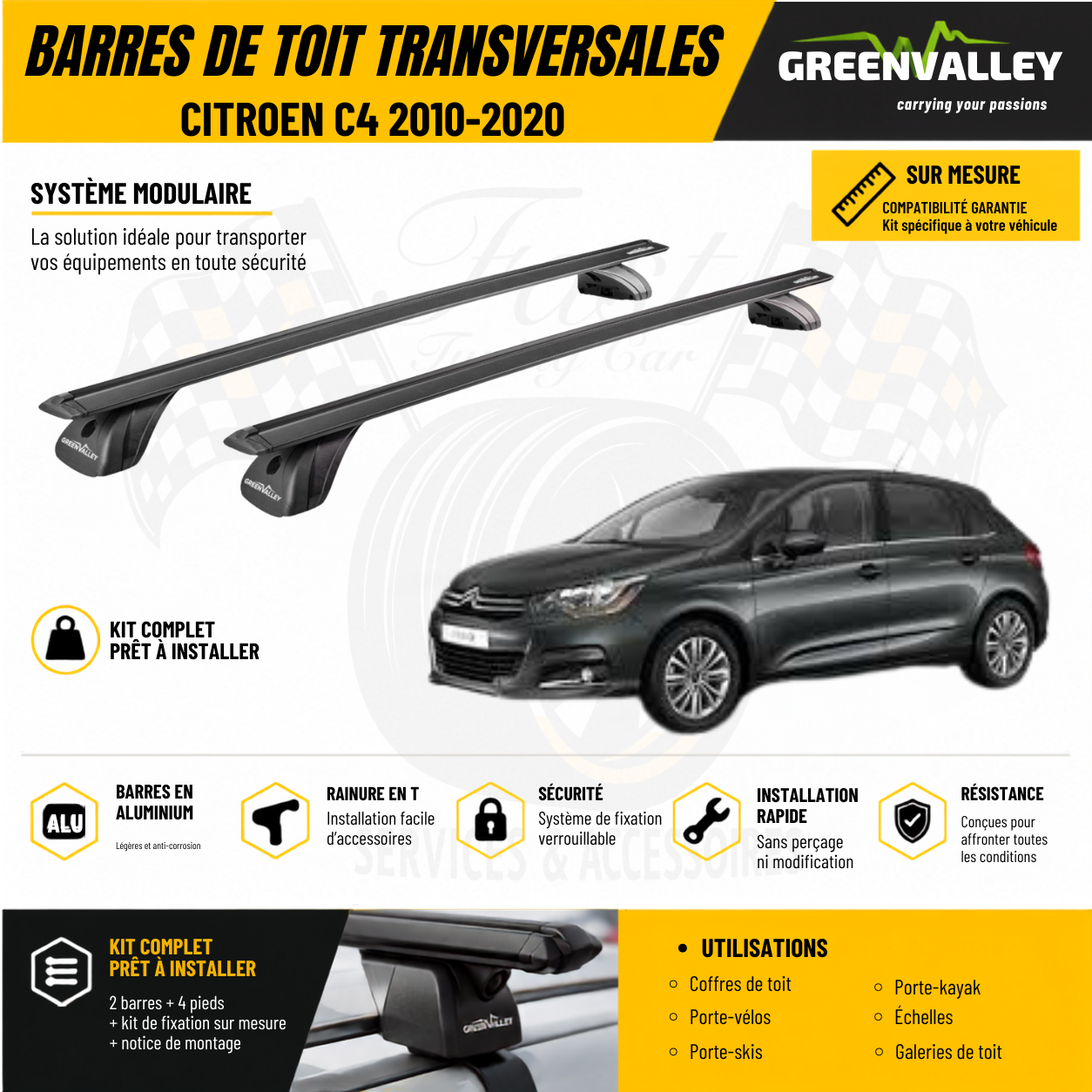 Barres de toit transversales Green Valley noir pour Citroën C4 2010-2020