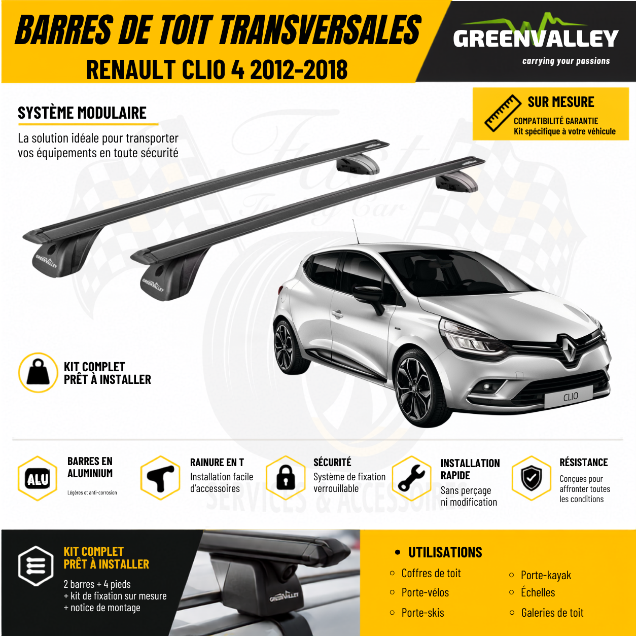 Barres de toit transversales Green Valley noir pour Renault Clio 4 2012-2018