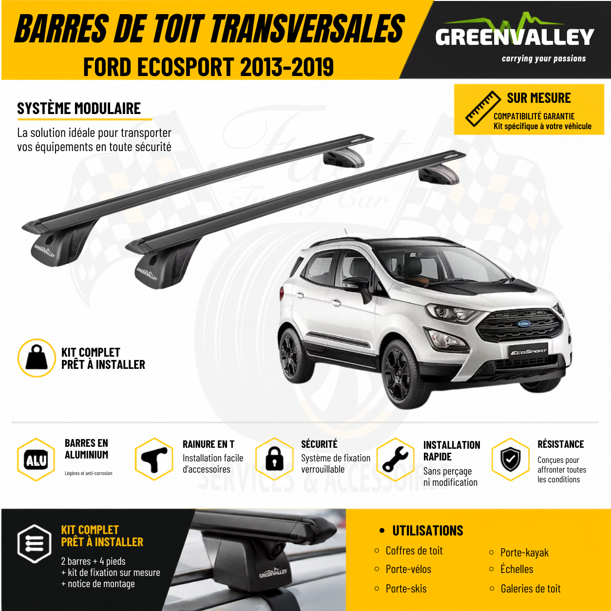 Barres de toit transversales Green Valley noir pour Ford Ecosport 2013-2019