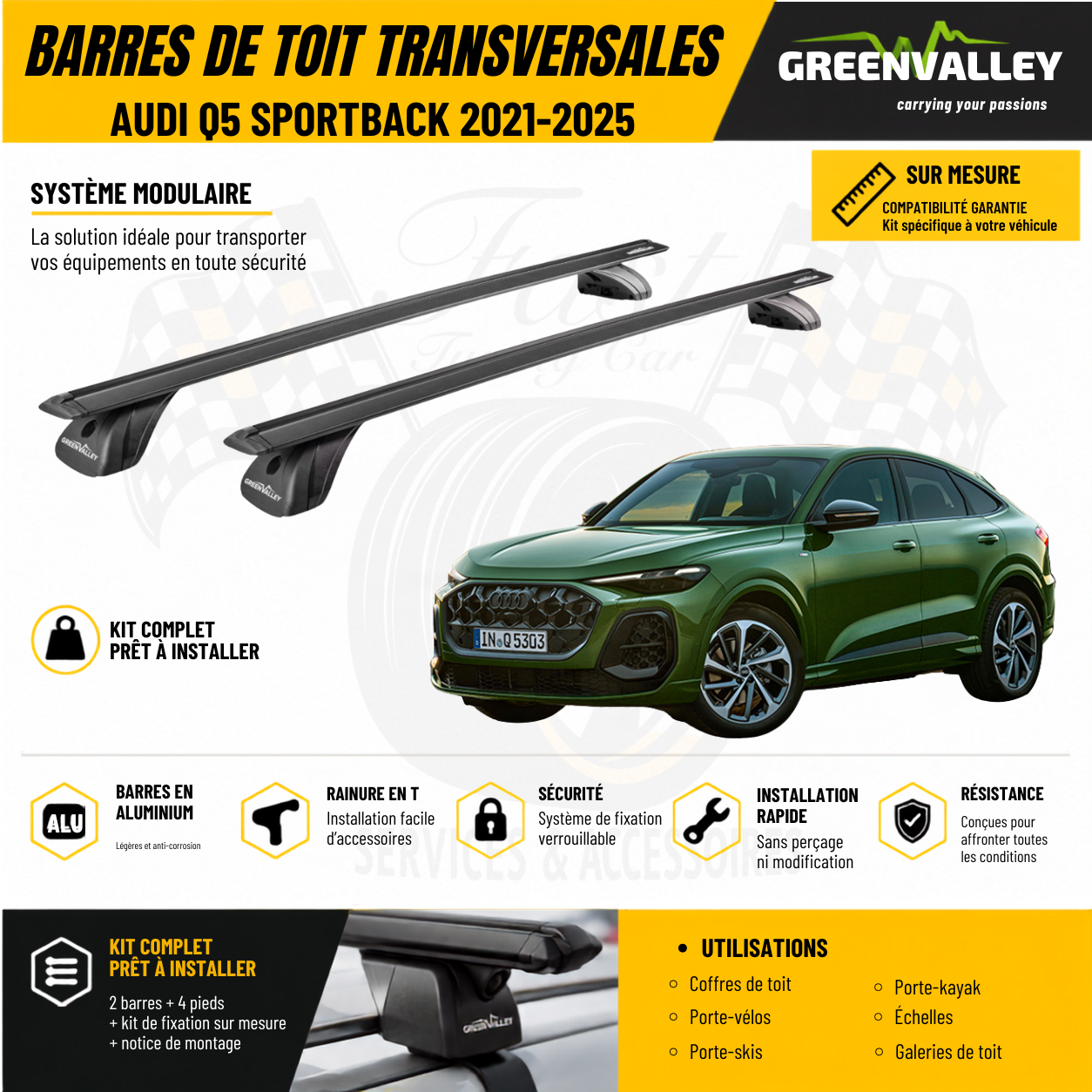 Barres de toit transversales Green Valley noir pour Audi Q5 Sportback 2021-2025
