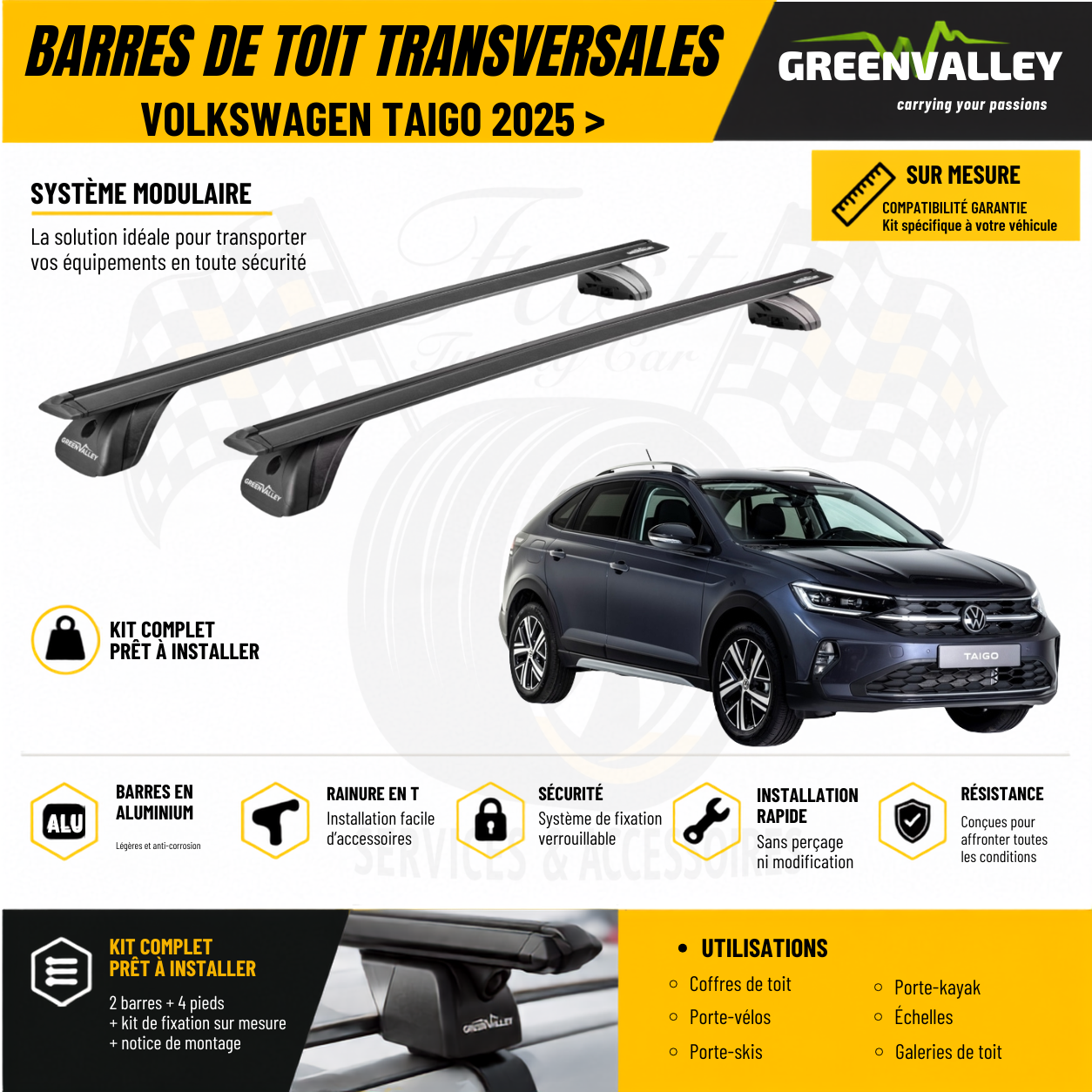 Barres de toit transversales Green Valley noir pour Volkswagen Taigo 2025 >