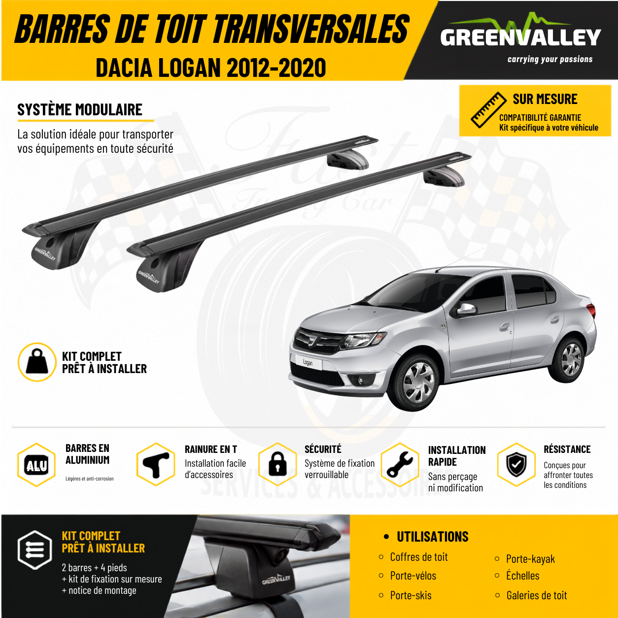 Barres de toit transversales Green Valley noir pour Dacia Logan 2012-2020