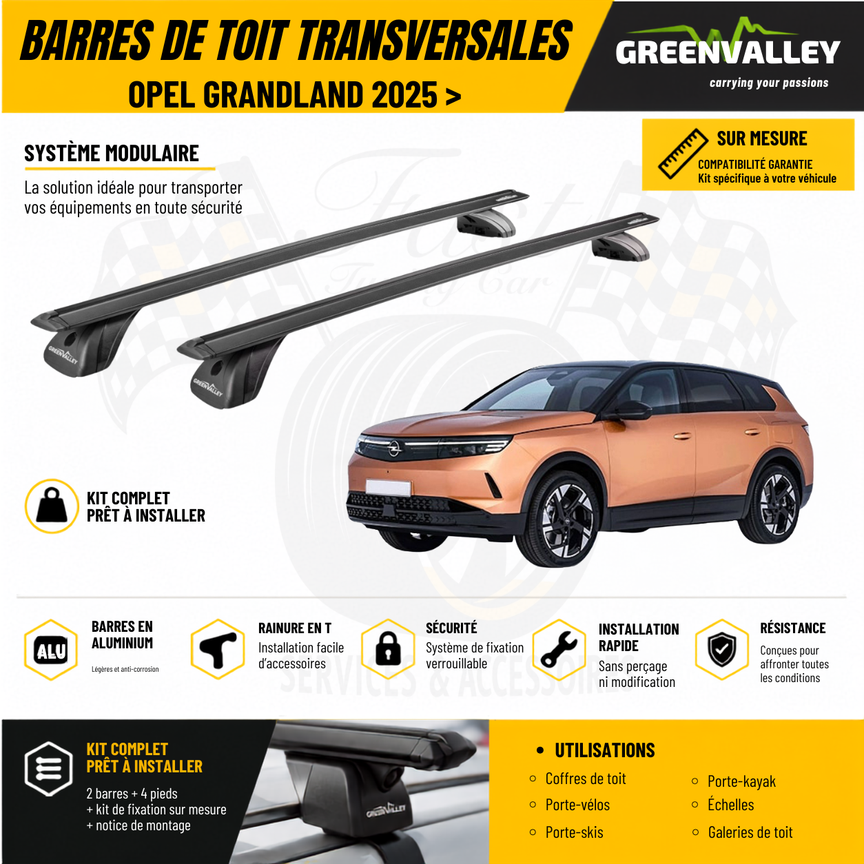 Barres de toit transversales Green Valley noir pour Opel Grandland 2025 >