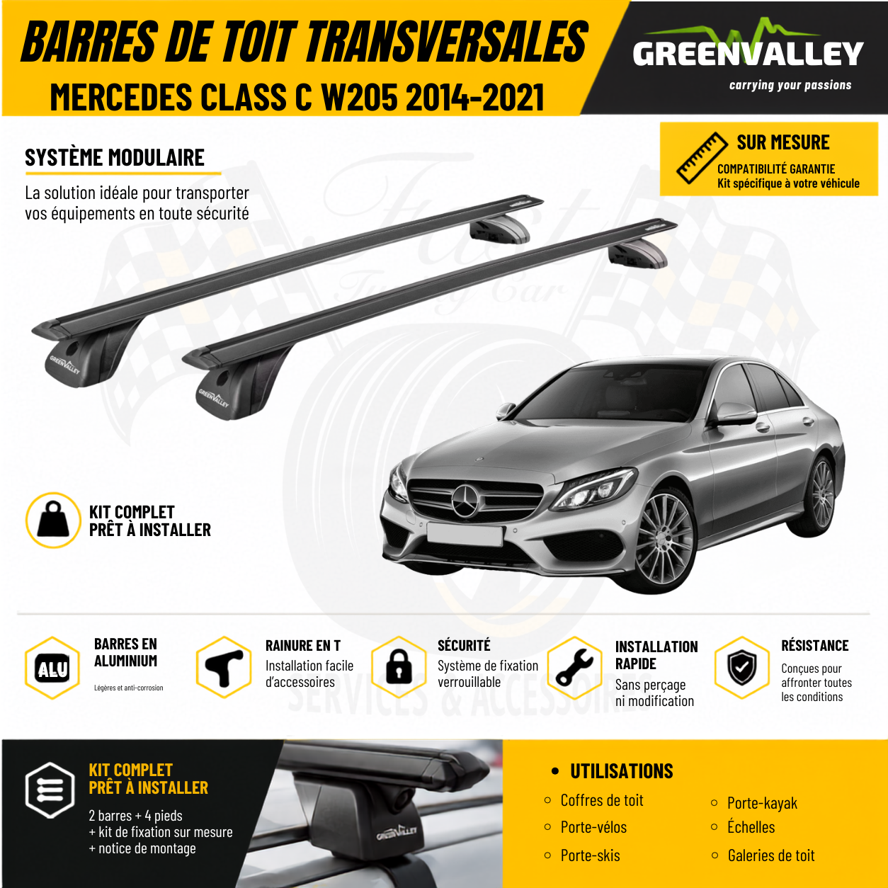 Barres de toit transversales Green Valley noir pour Mercedes Class C W205 2014-2021