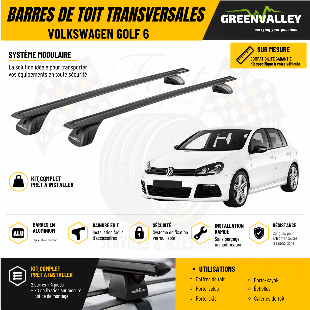 Barres de toit transversales Green Valley noir pour Volkswagen Golf 6