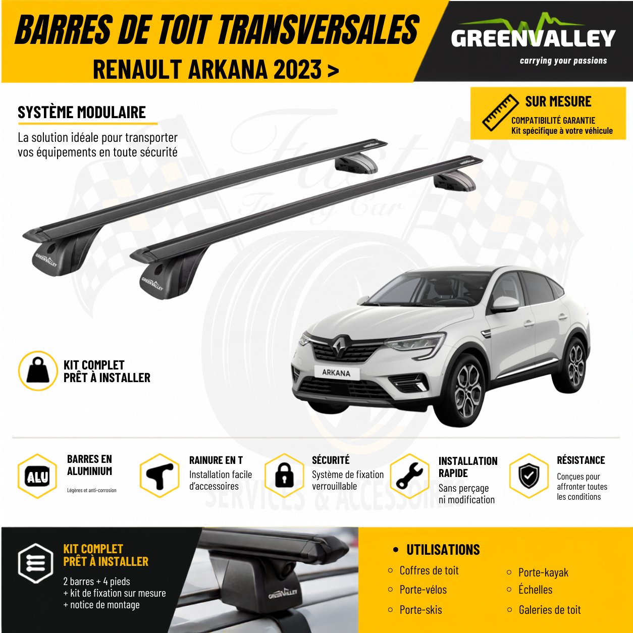 Barres de toit transversales Green Valley noir pour Renault Arkana 2023 >