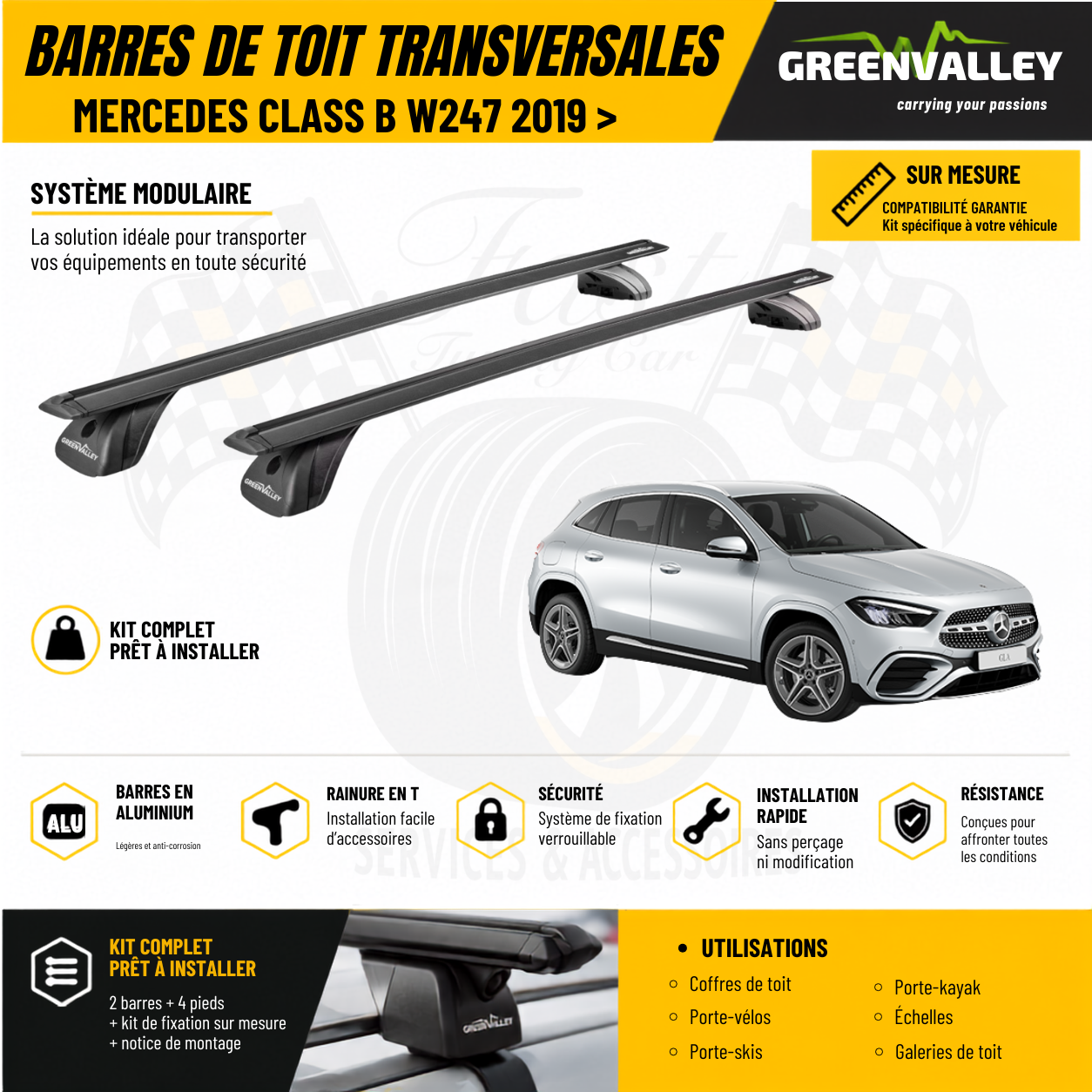 Barres de toit transversales Green Valley noir pour Mercedes Class B W247 2019 >