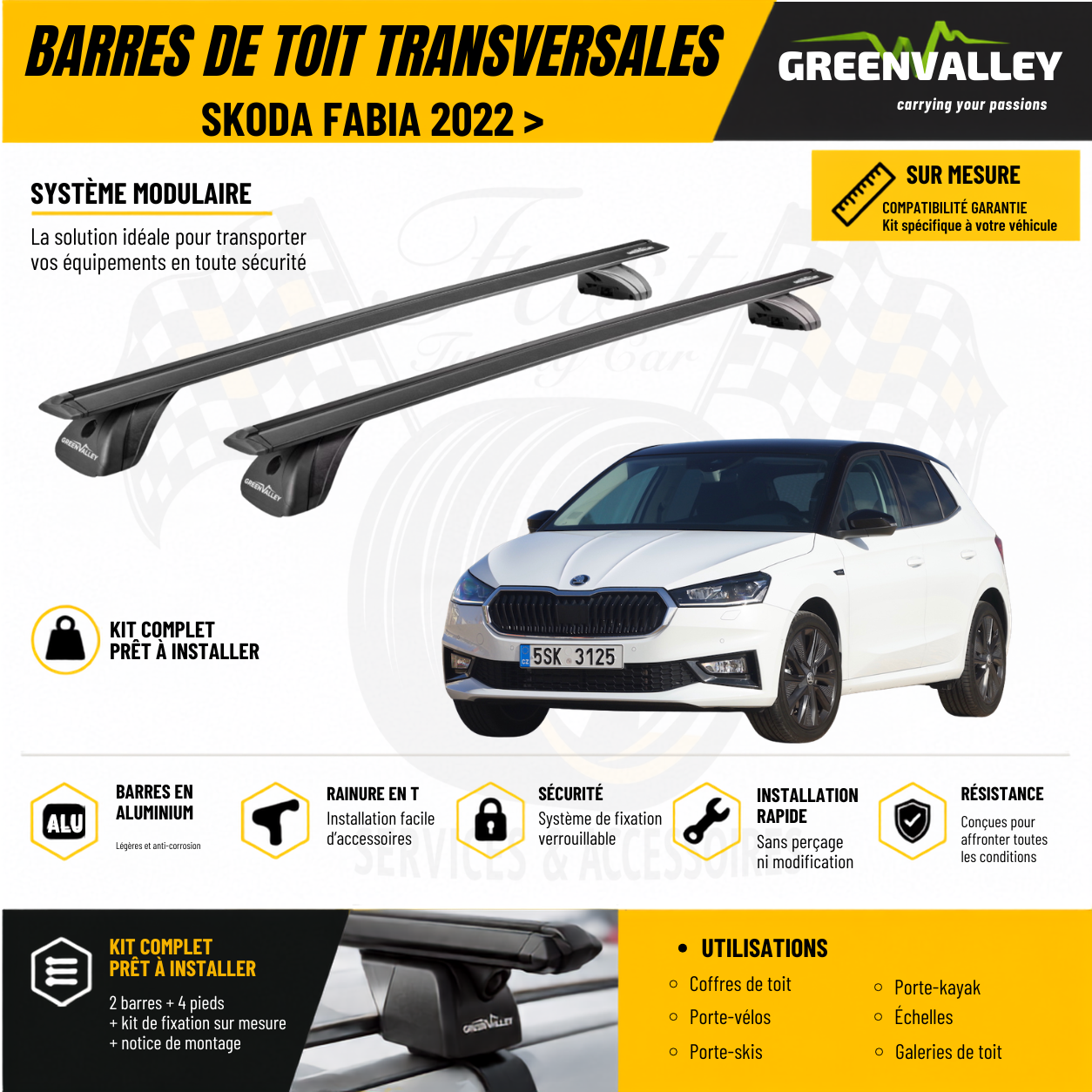 Barres de toit transversales Green Valley noir pour Skoda Fabia 2022 >