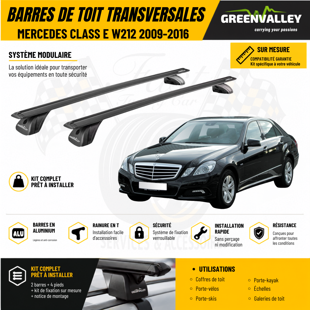 Barres de toit transversales Green Valley noir pour Mercedes Class E W212 2009-2016