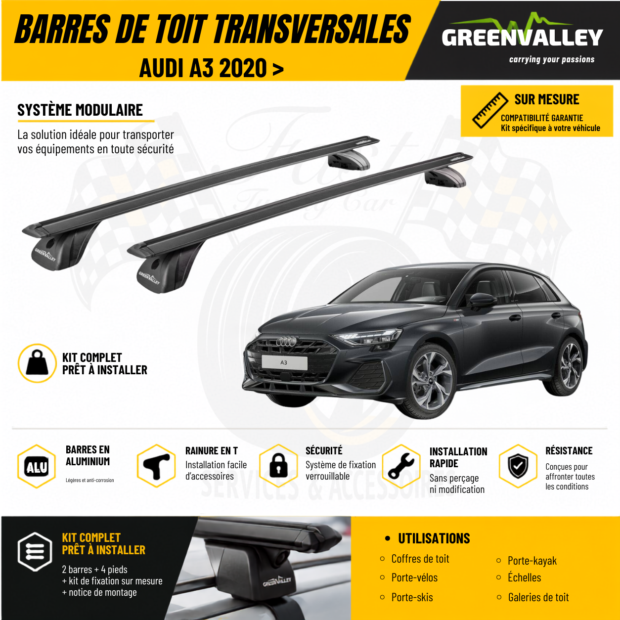 Barres de toit transversales Green Valley noir pour Audi A3 2020 >