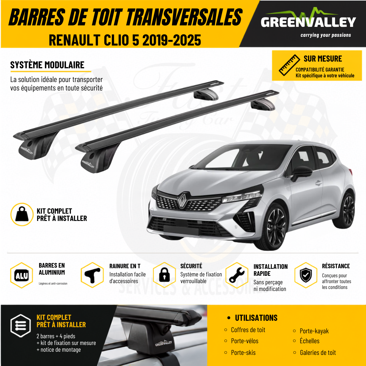 Barres de toit transversales Green Valley noir pour Renault Clio 5 2019-2025