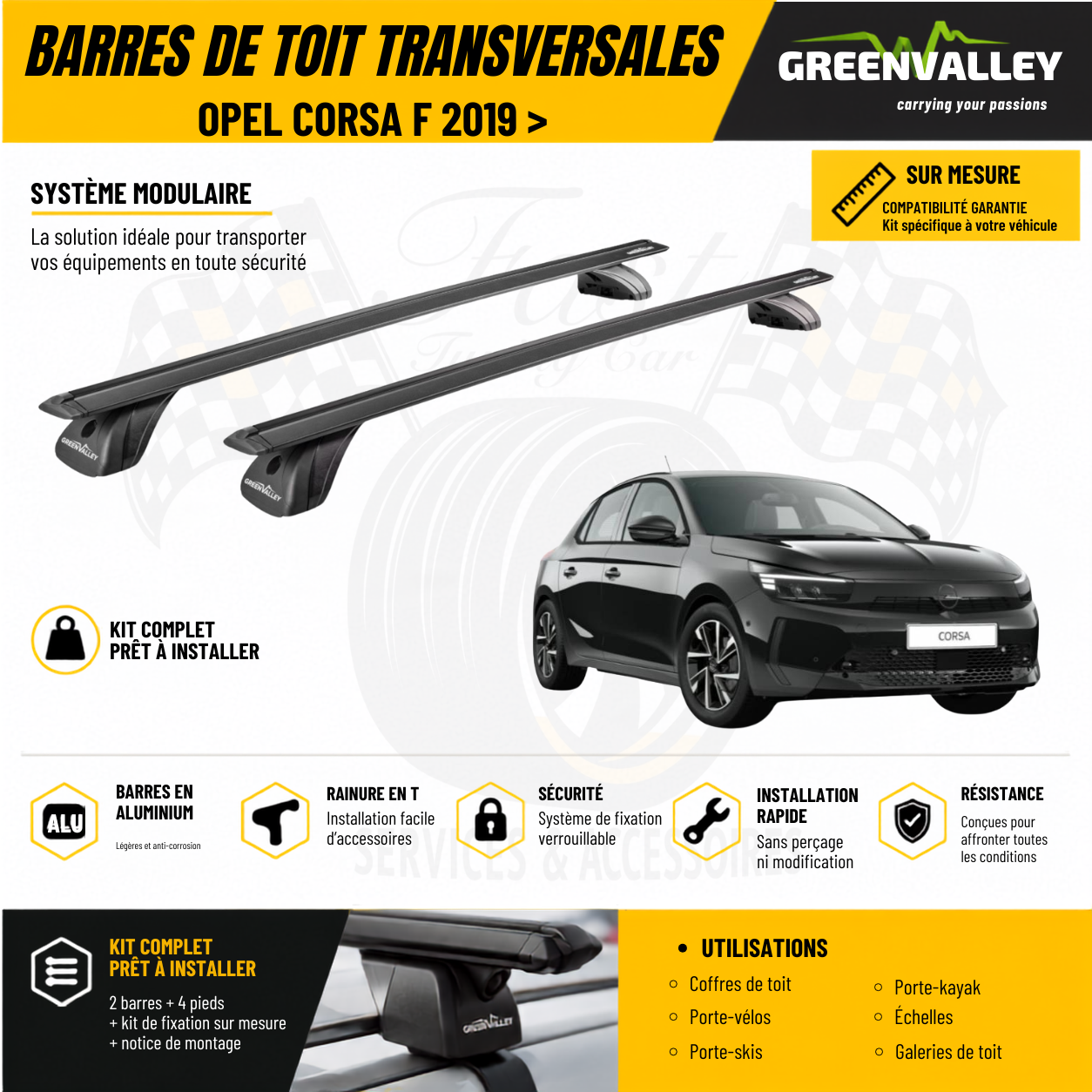 Barres de toit transversales Green Valley noir pour Opel Corsa F 2019 >