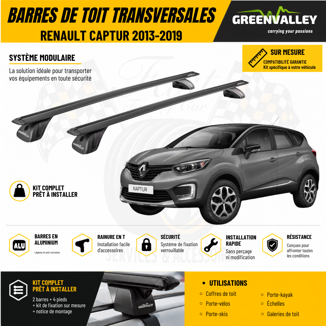 Barres de toit transversales Green Valley noir pour Renault Captur 2013-2019