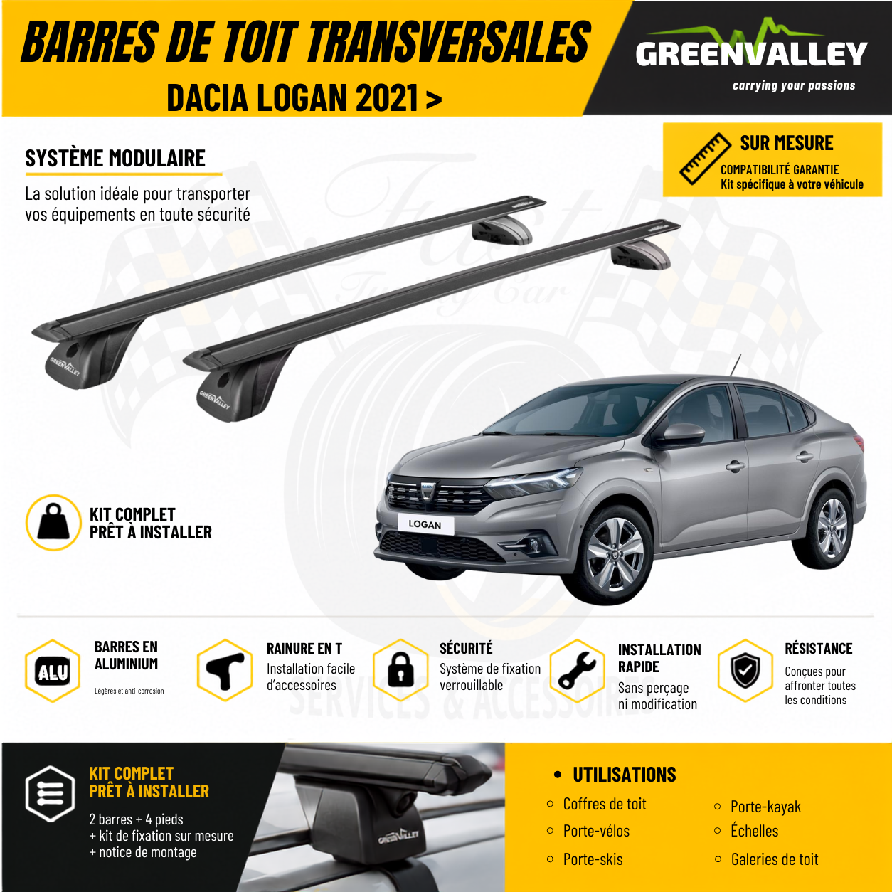 Barres de toit transversales Green Valley noir pour Dacia Logan 2021 >