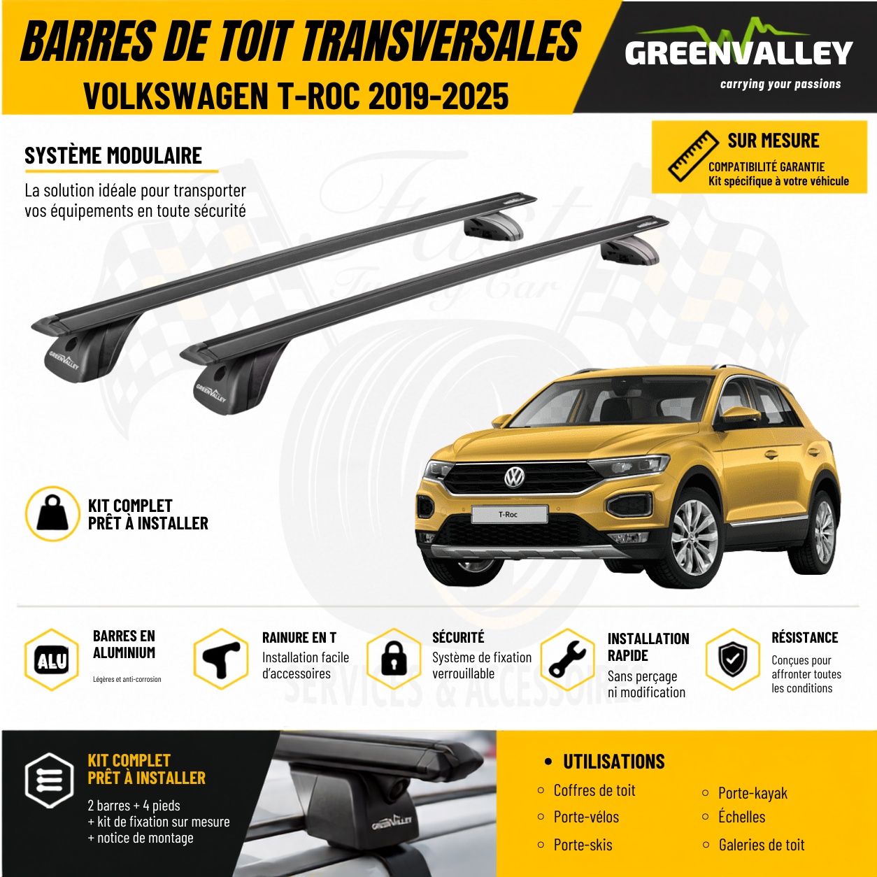 Barres de toit transversales Green Valley noir pour Volkswagen T-ROC 2019-2025