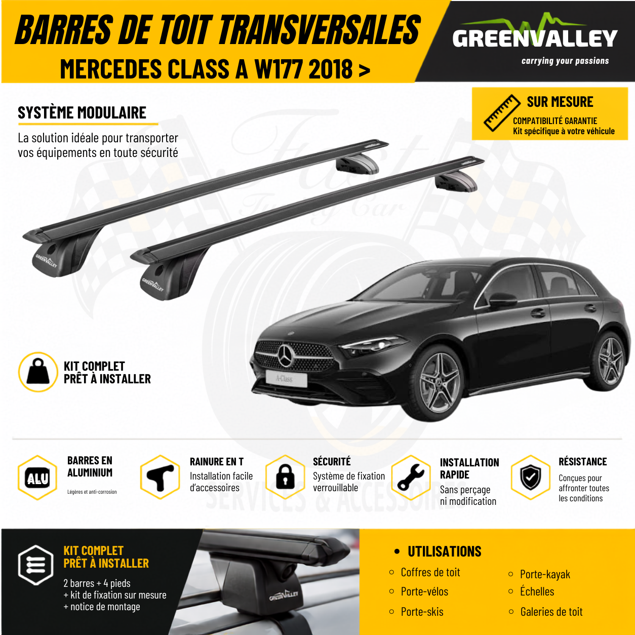 Barres de toit transversales Green Valley noir pour Mercedes Class A W177 2018 >