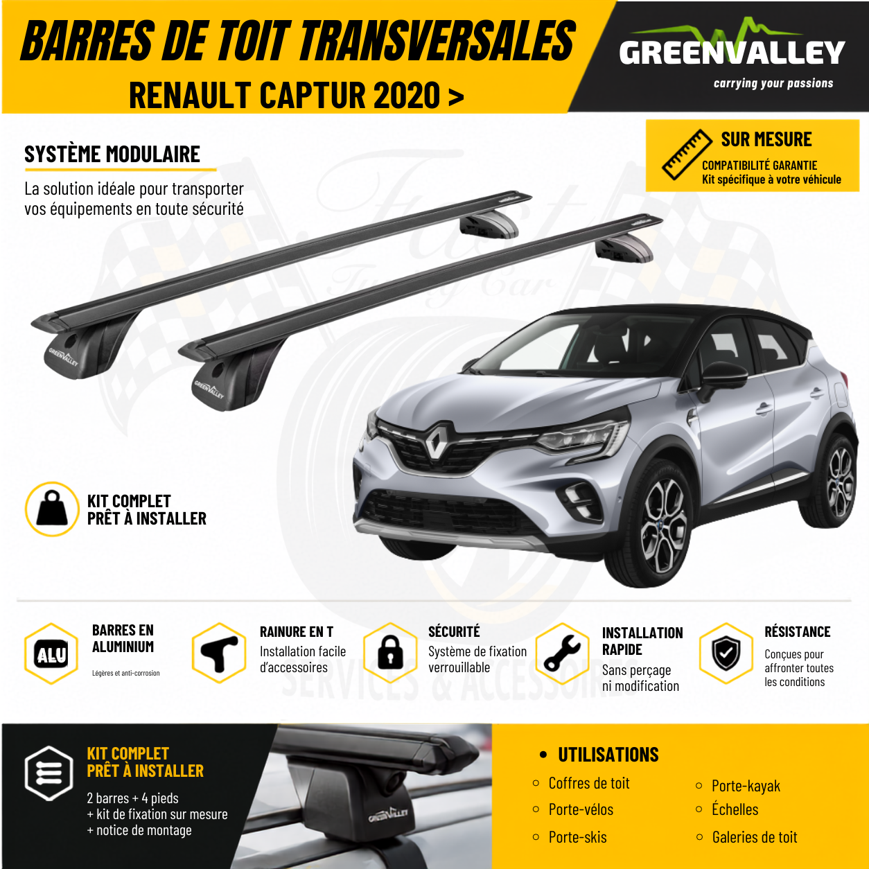 Barres de toit transversales Green Valley noir pour Renault Captur 2020 >