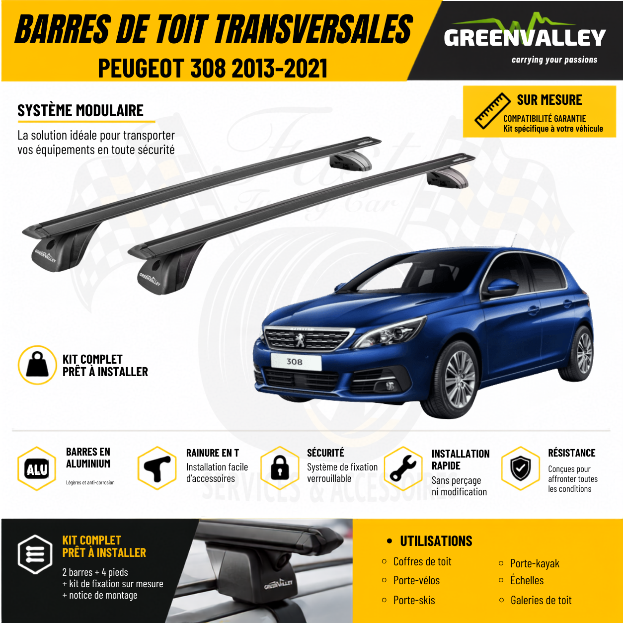 Barres de toit transversales Green Valley noir pour Peugeot 308 2013-2021