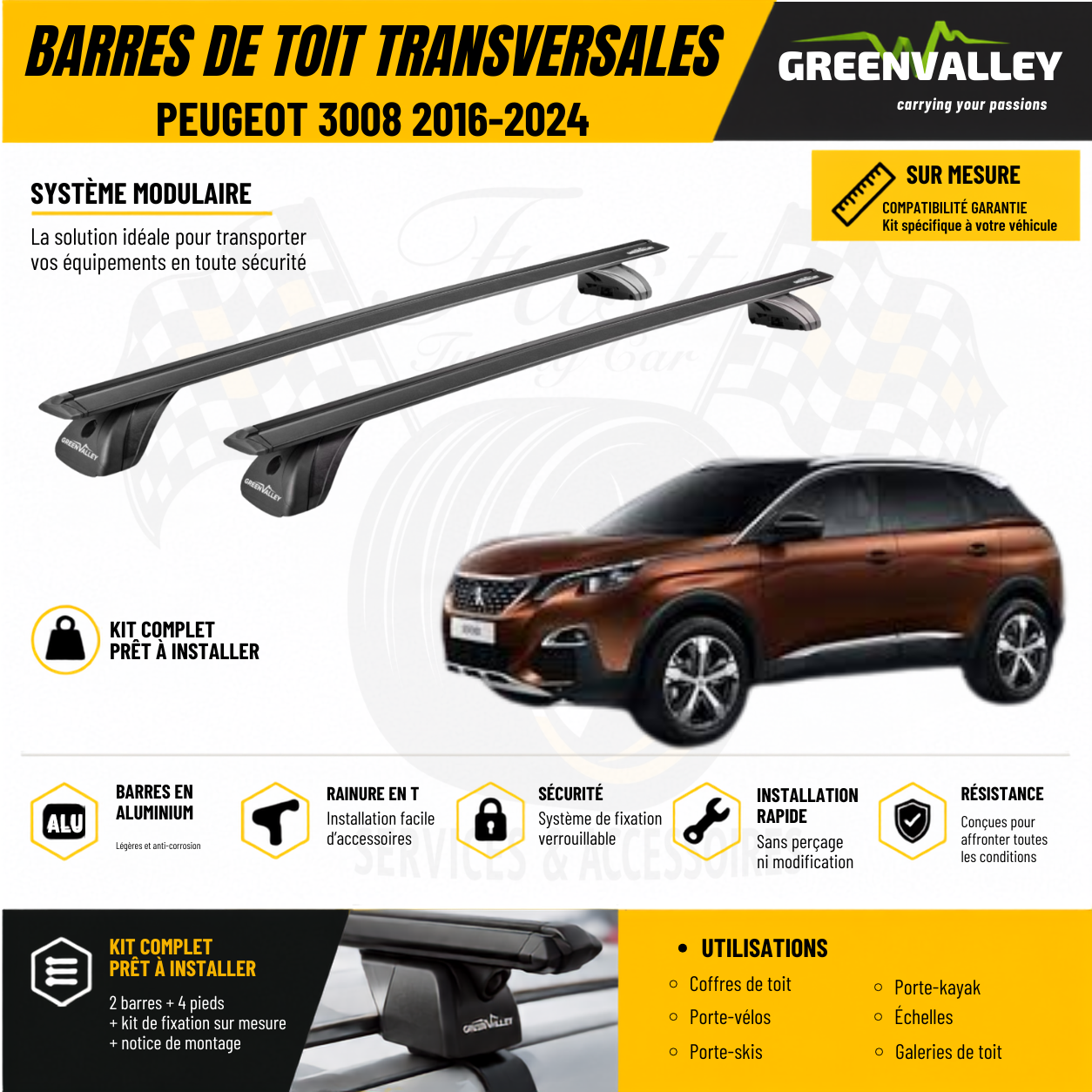 Barres de toit transversales Green Valley noir pour Peugeot 3008 2016-2024