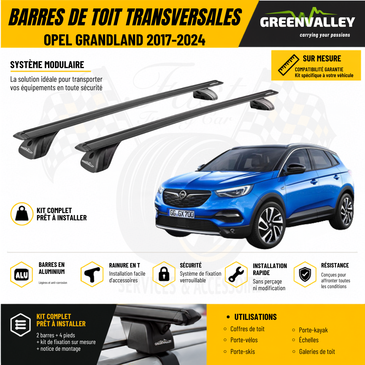 Barres de toit transversales Green Valley noir pour Opel Grandland 2017-2024