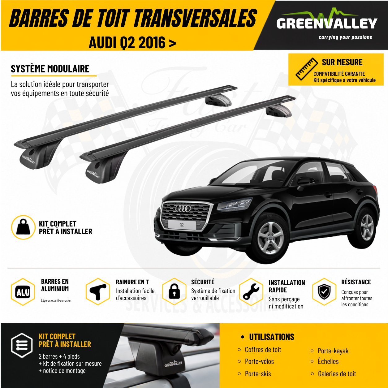 Barres de toit transversales Green Valley noir pour Audi Q2 2016 >