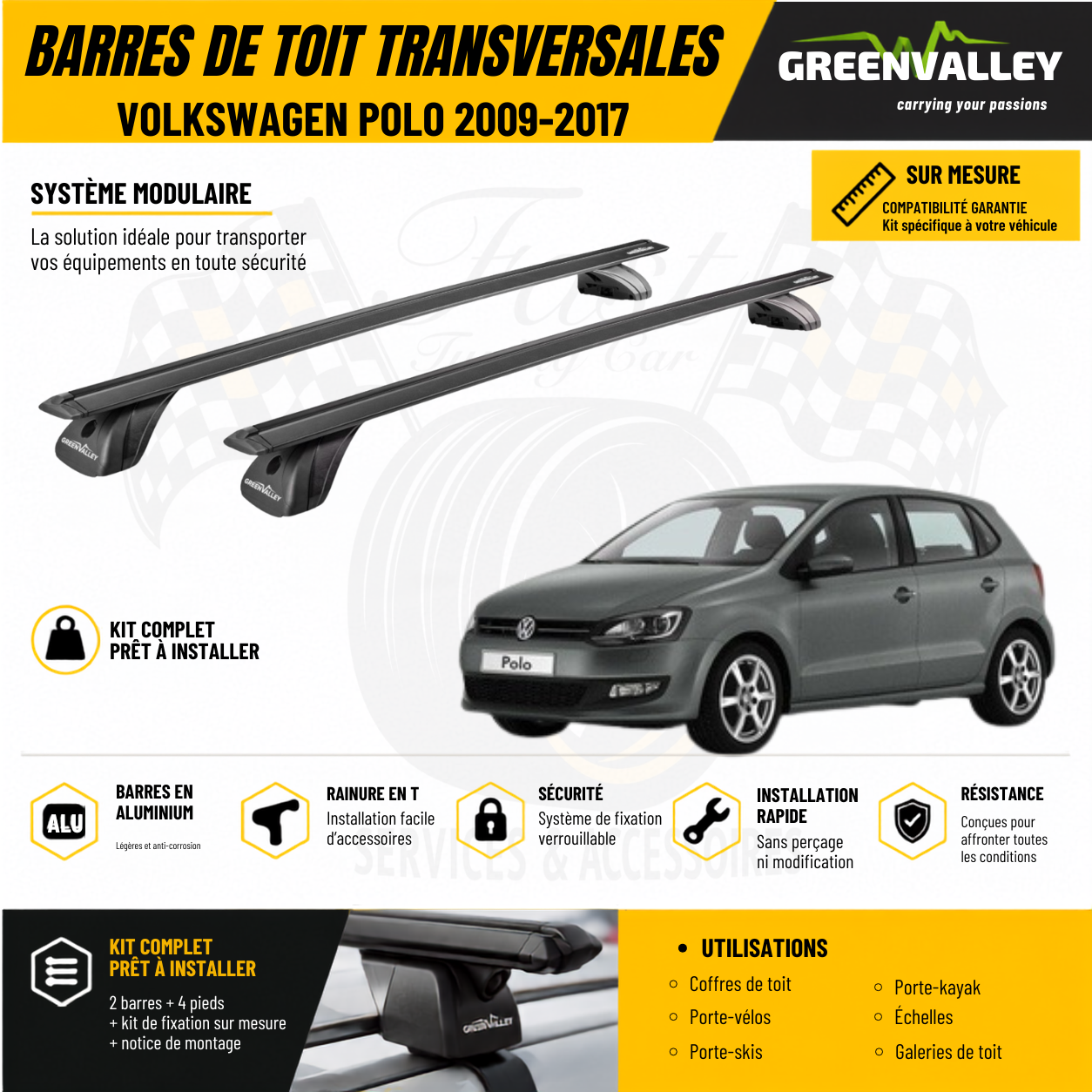 Barres de toit transversales Green Valley noir pour Volkswagen polo 2009-2017