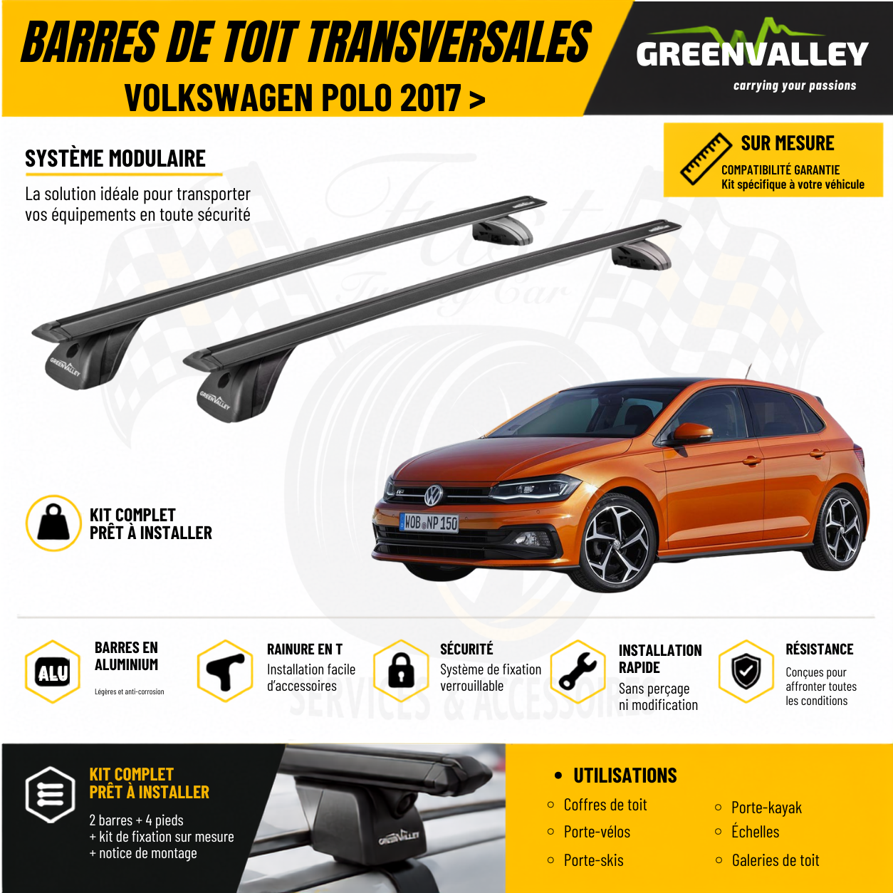 Barres de toit transversales Green Valley noir pour Volkswagen polo 2017 >