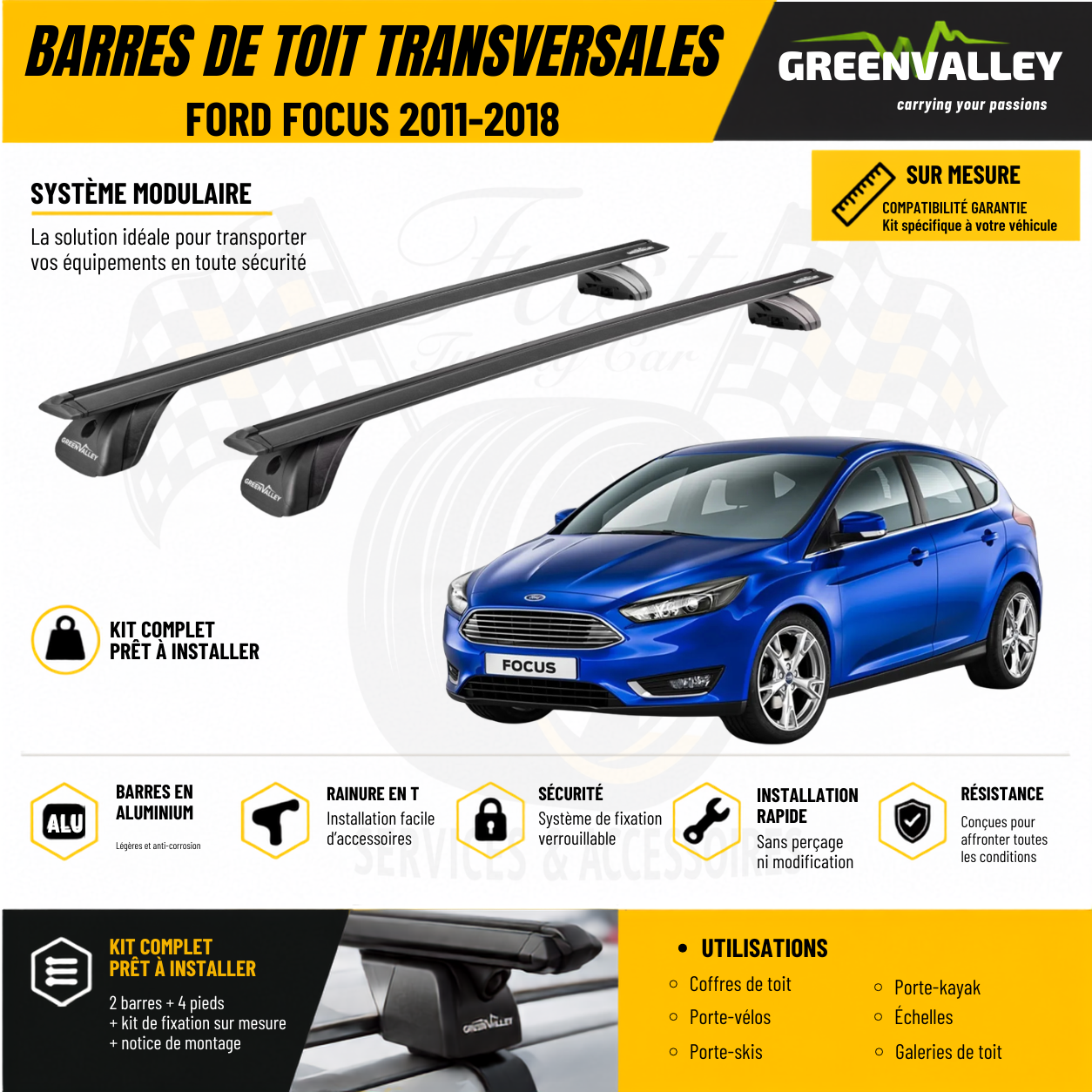 Barres de toit transversales Green Valley noir pour Ford Focus 2011-2018