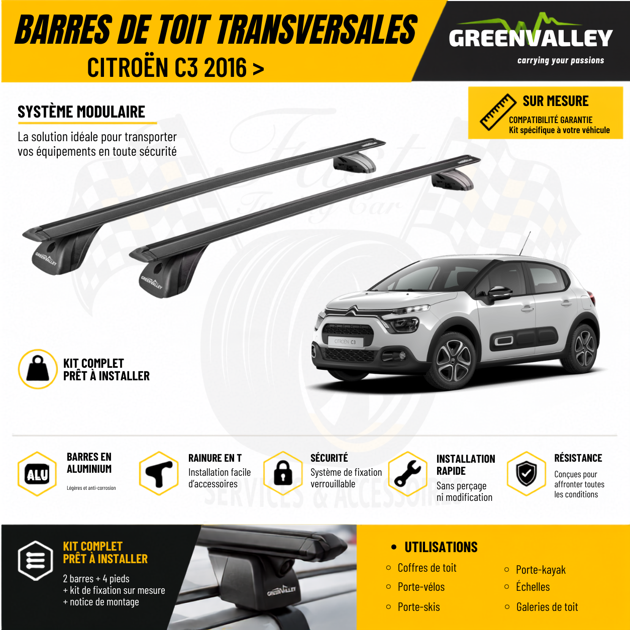 Barres de toit transversales Green Valley noir pour Citroën C3 2016 >