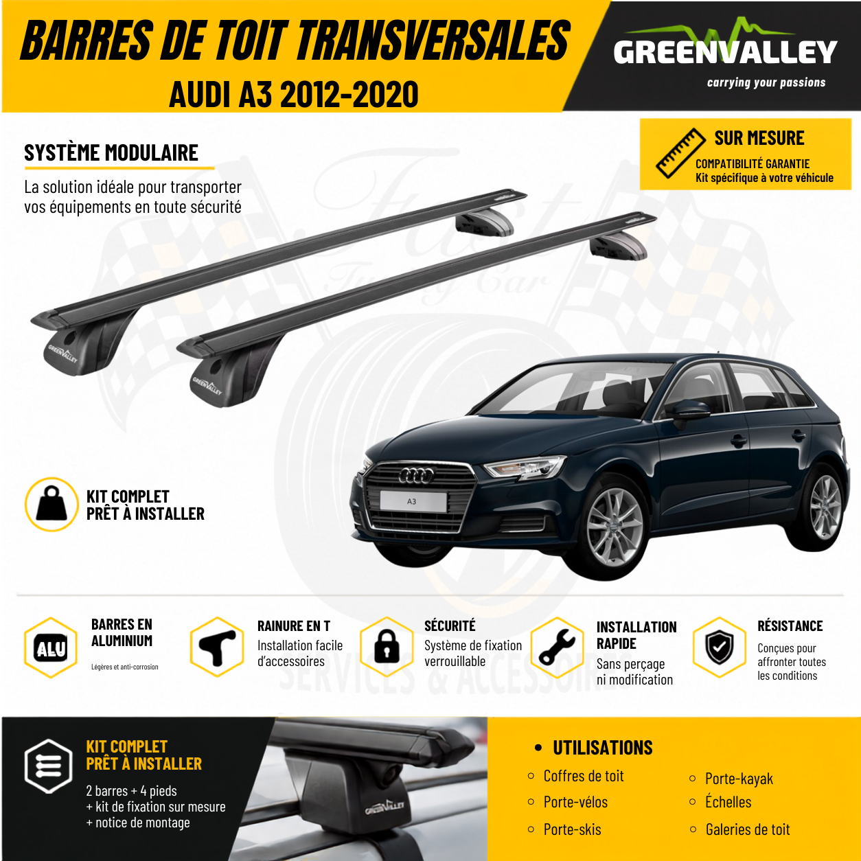 Barres de toit transversales Green Valley noir pour Audi A3 2012-2020