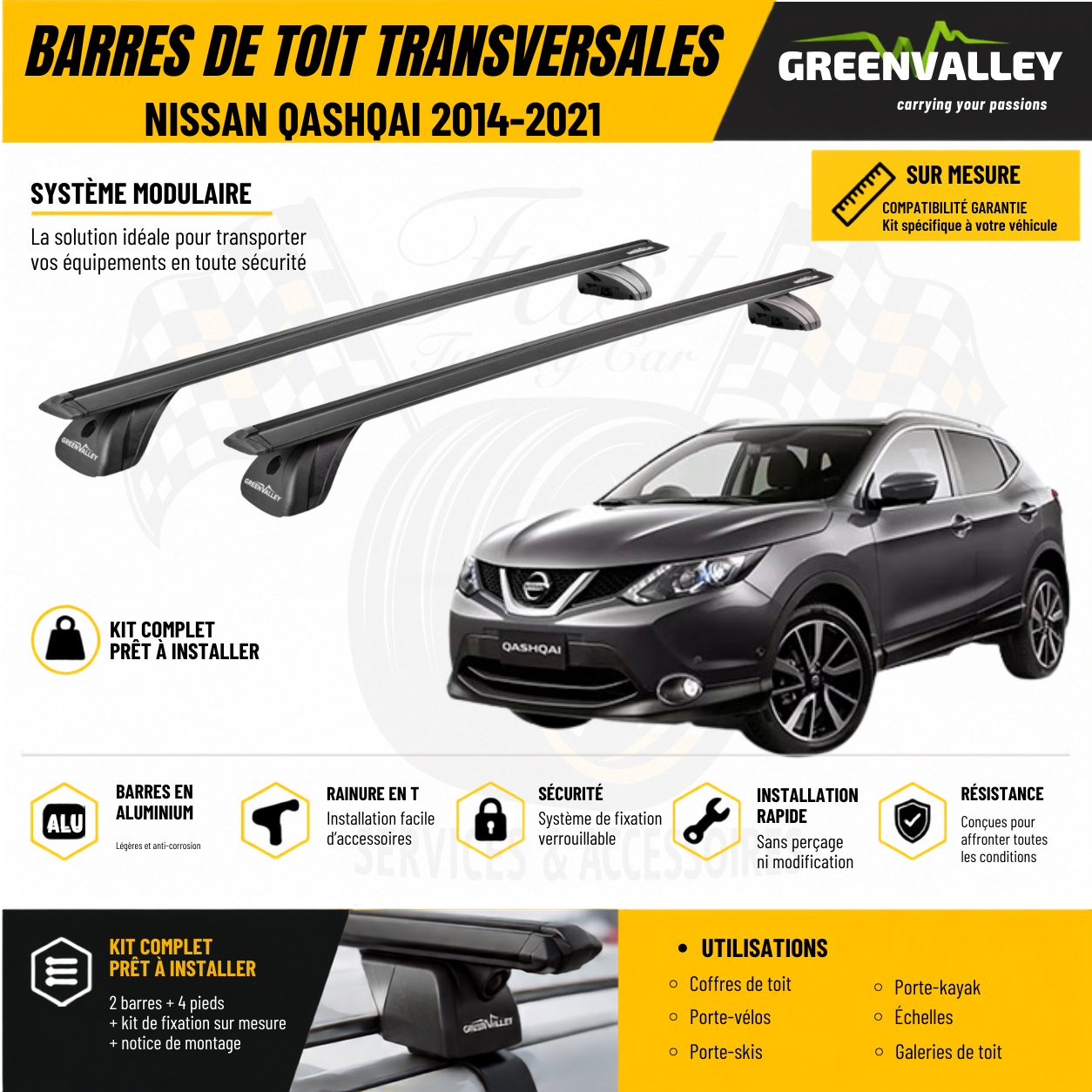 Barres de toit transversales Green Valley noir pour Nissan Qashqai 2014-2021