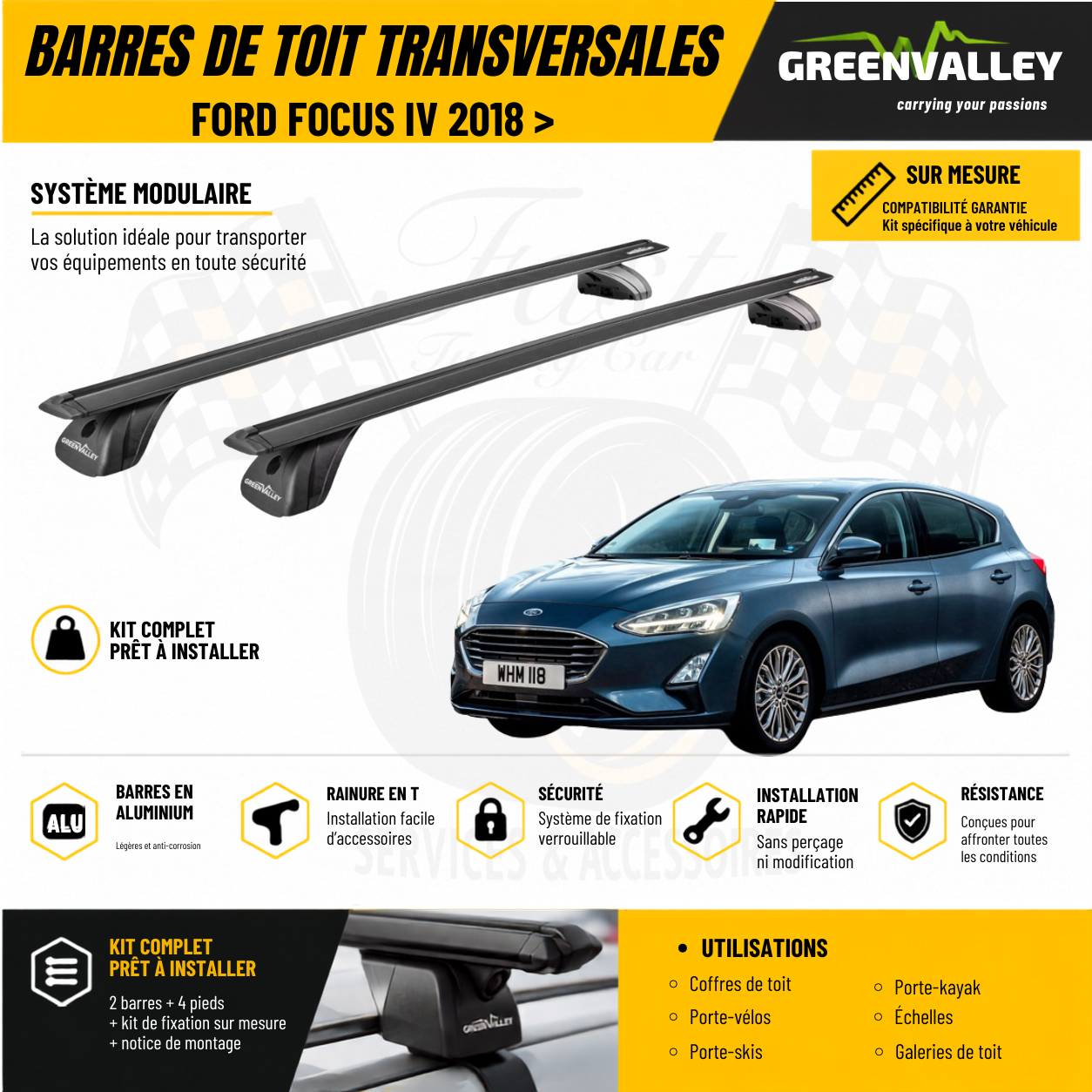Barres de toit transversales Green Valley noir pour Ford Focus IV 2028 >