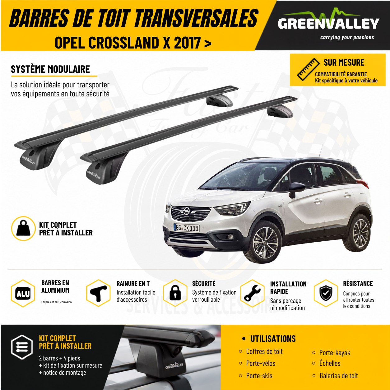 Barres de toit transversales Green Valley noir pour Opel Crossland X 2017 >