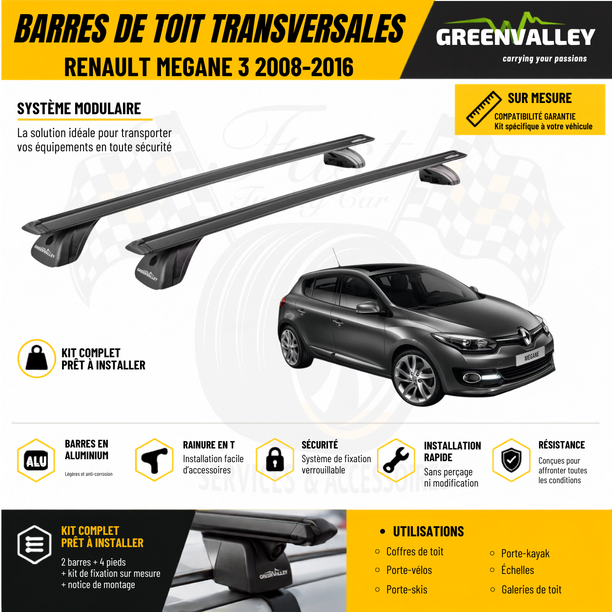 Barres de toit transversales Green Valley noir pour Renault Megane 3 2008-2016