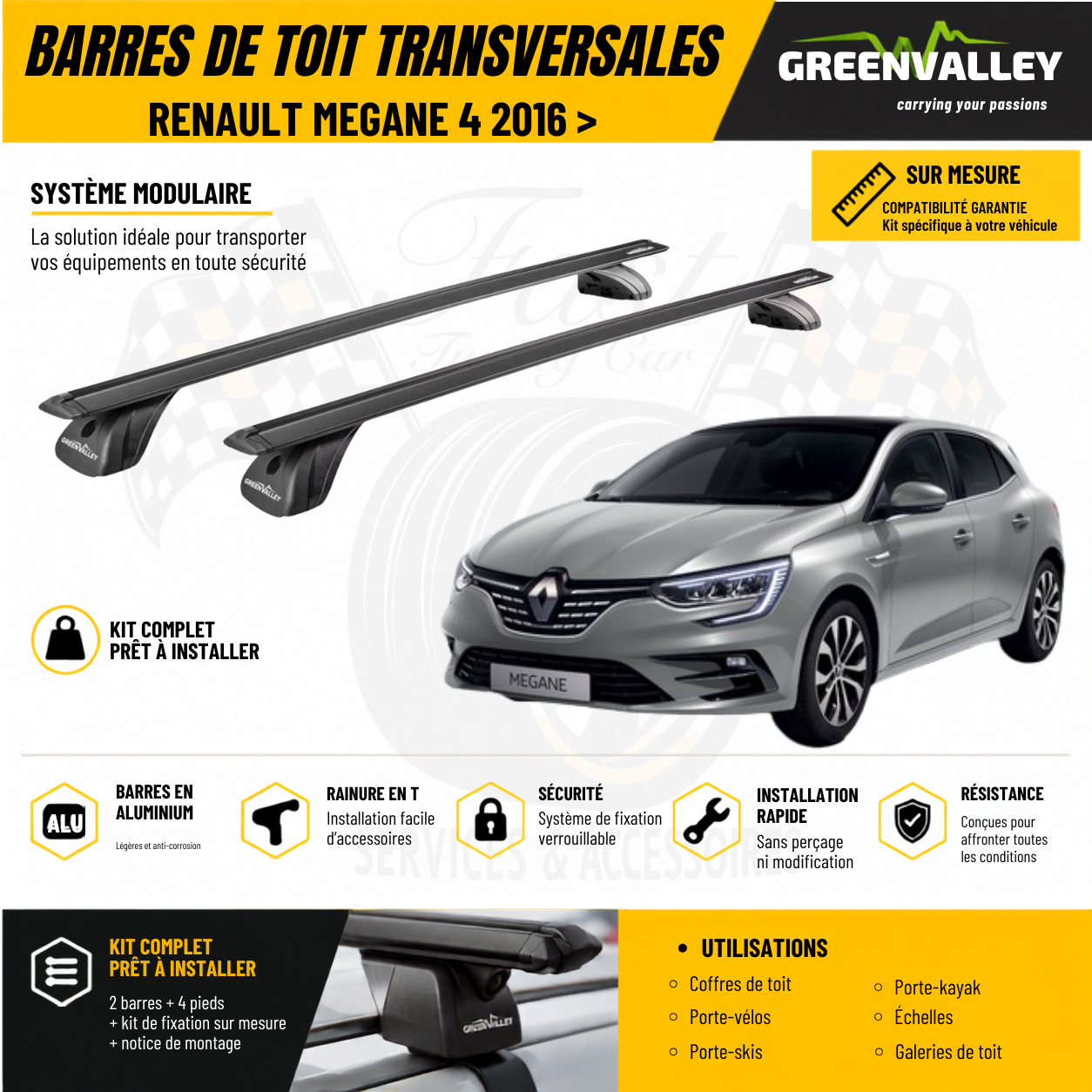 Barres de toit transversales Green Valley noir pour Renault Megane 4 2016 >