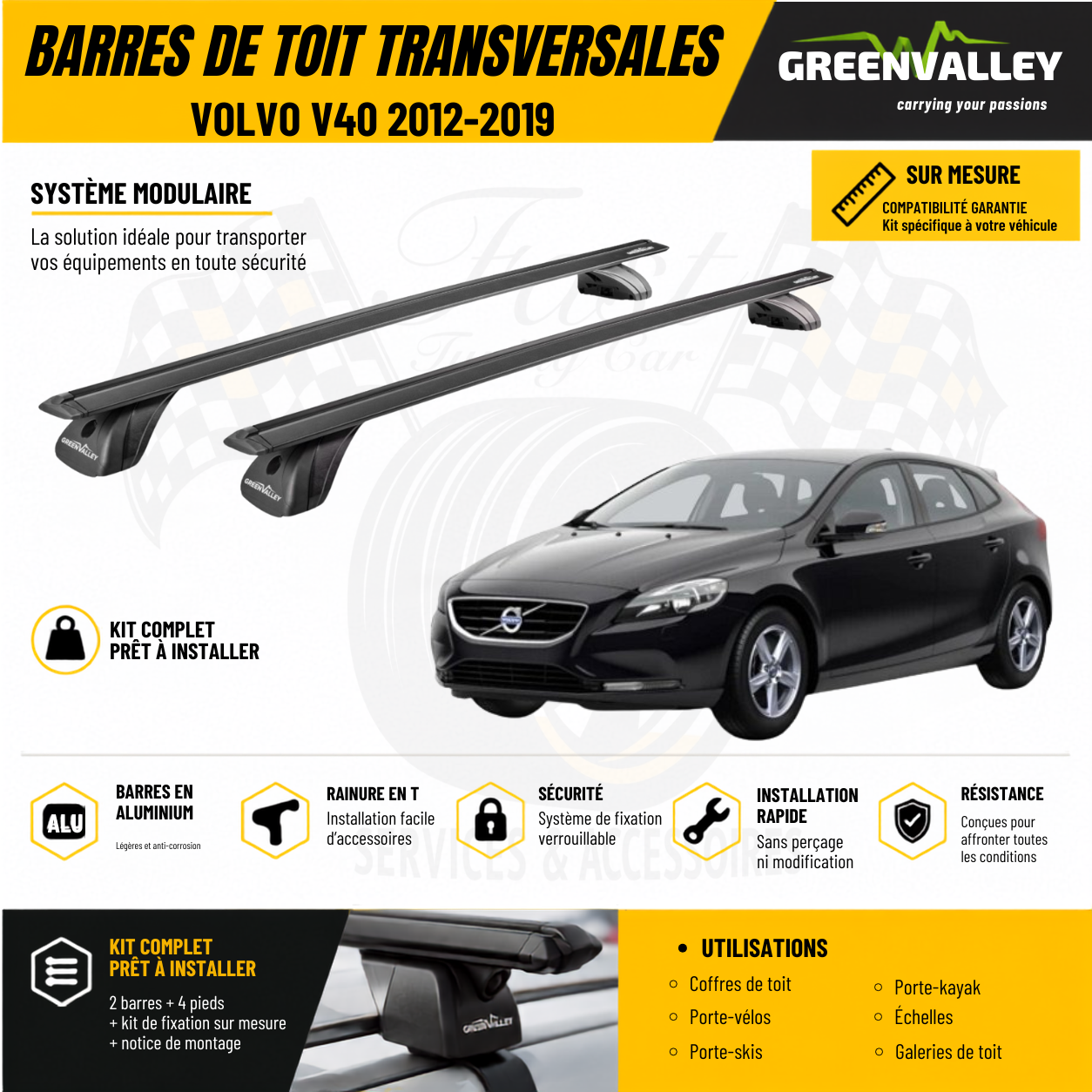 Barres de toit transversales Green Valley noir pour Volvo V40 2012-2019