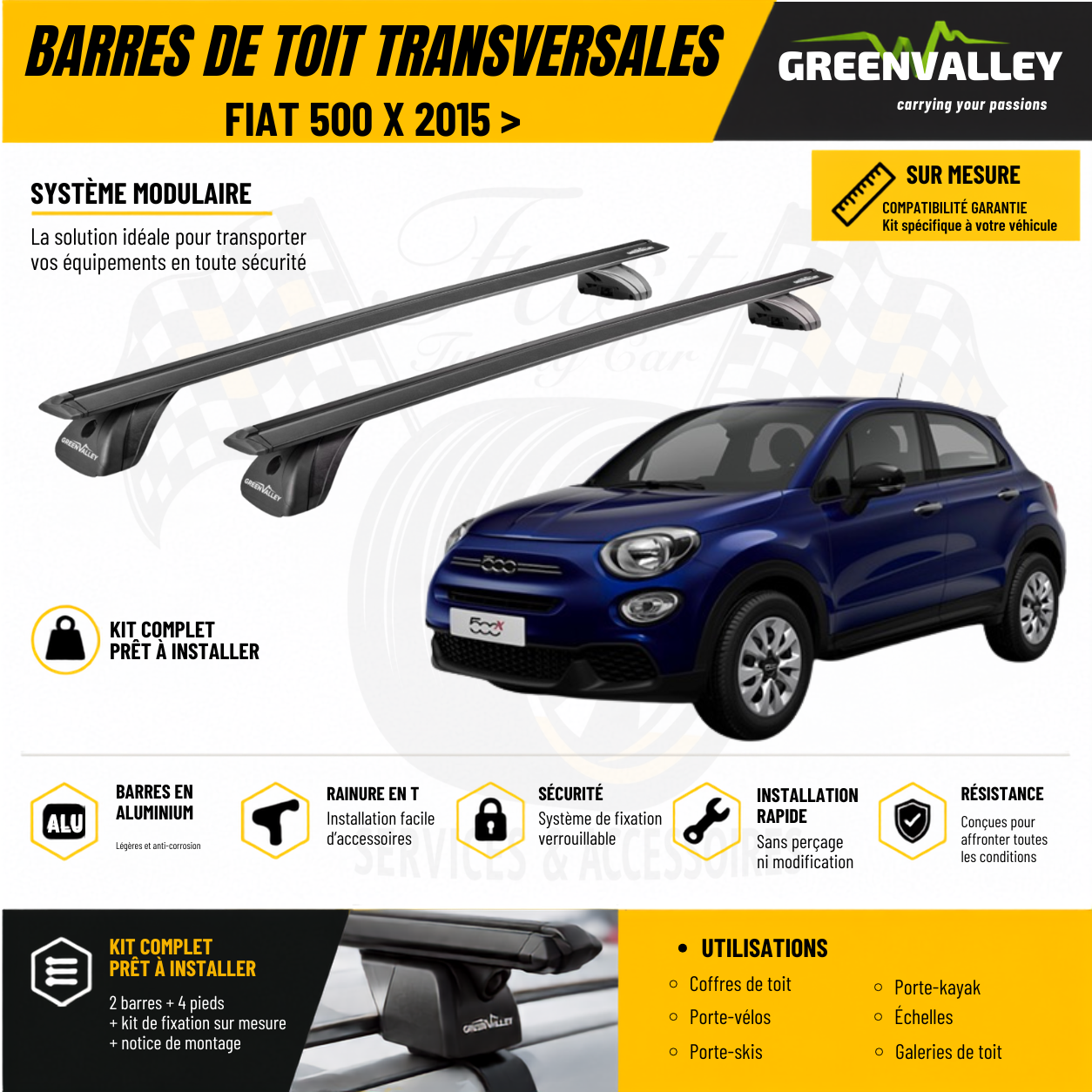 Barres de toit transversales Green Valley noir pour Fiat 500 X 2015 >