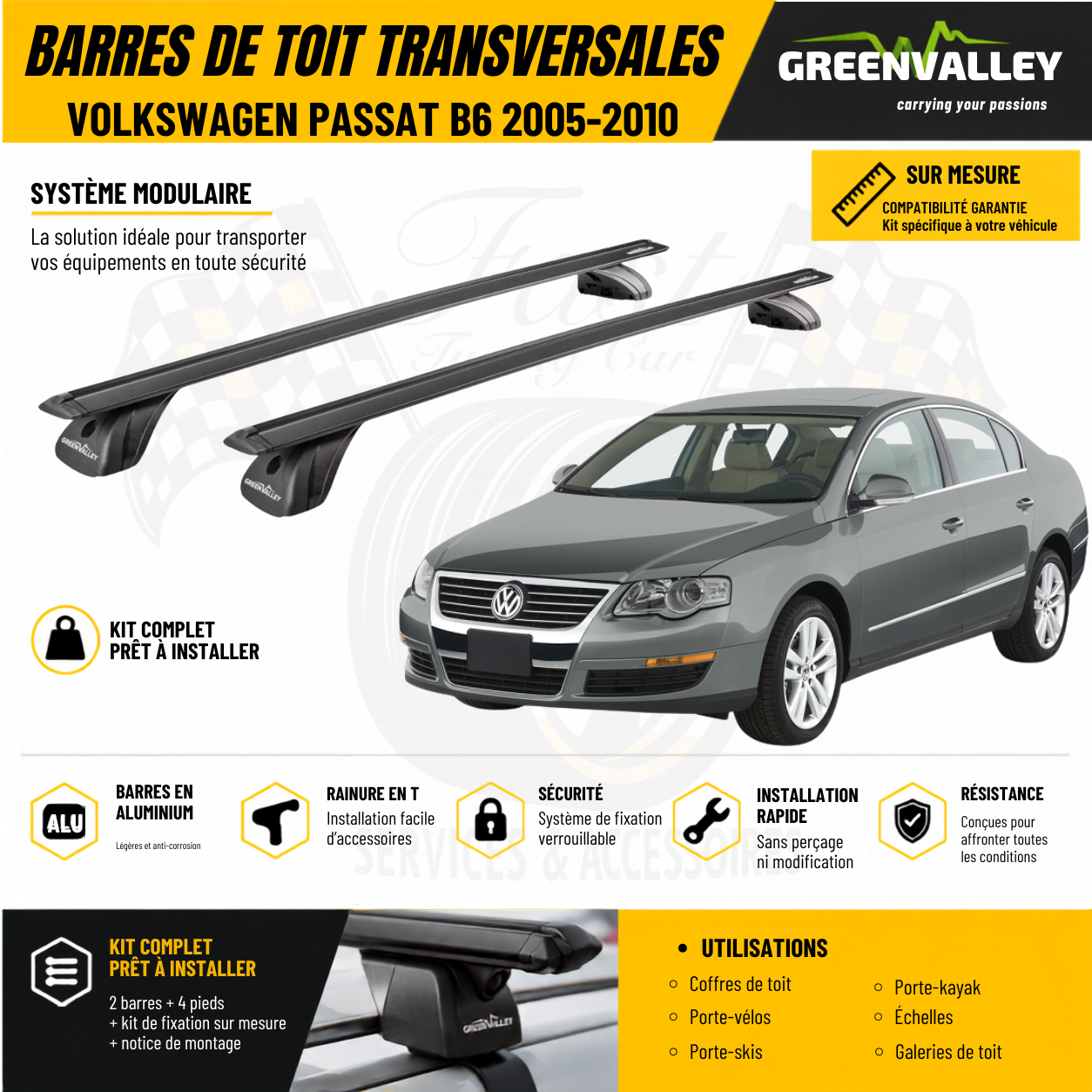 Barres de toit transversales Green Valley noir pour Volkswagen Passat B6 2005-2010