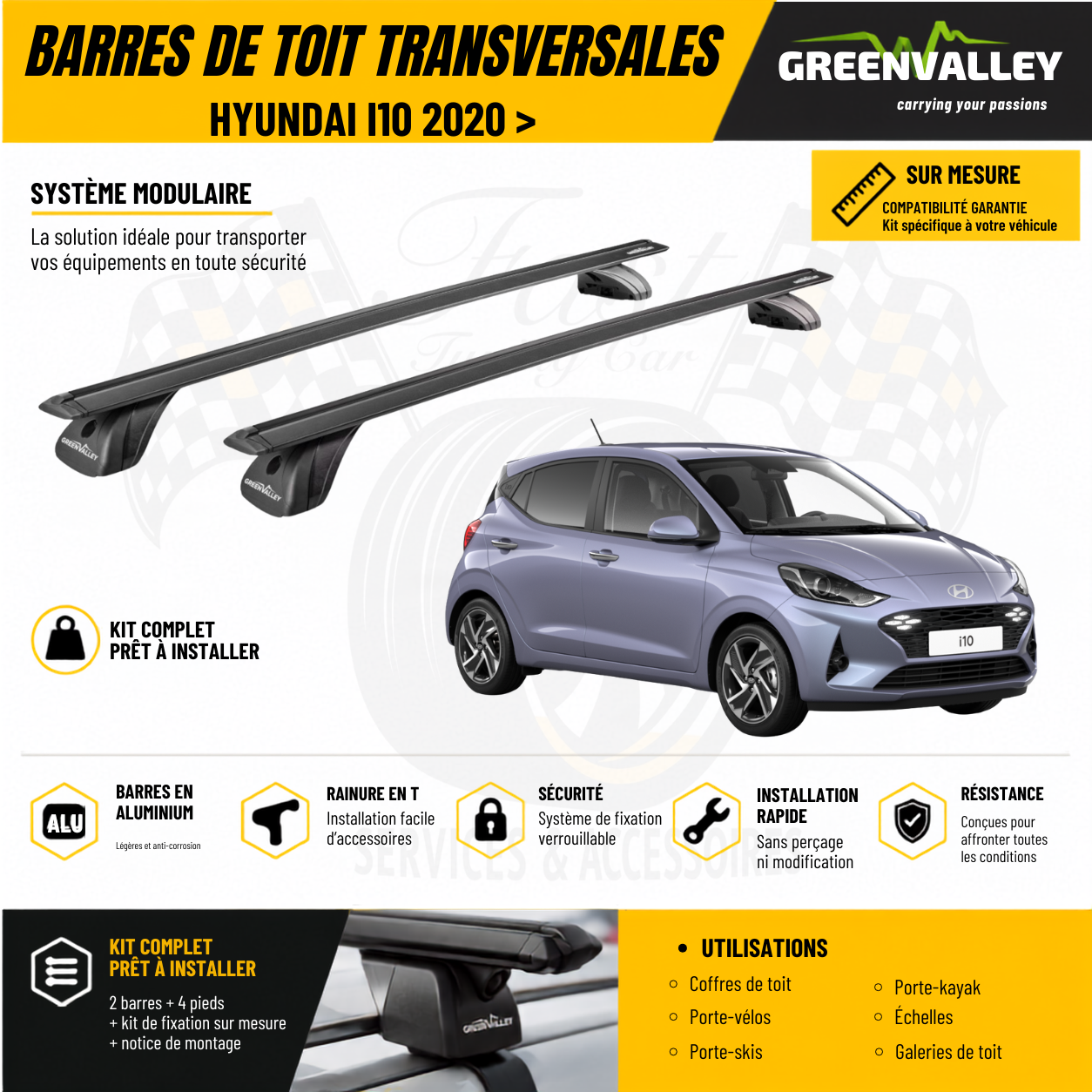 Barres de toit transversales Green Valley noir pour Hyundai i10 2020 >